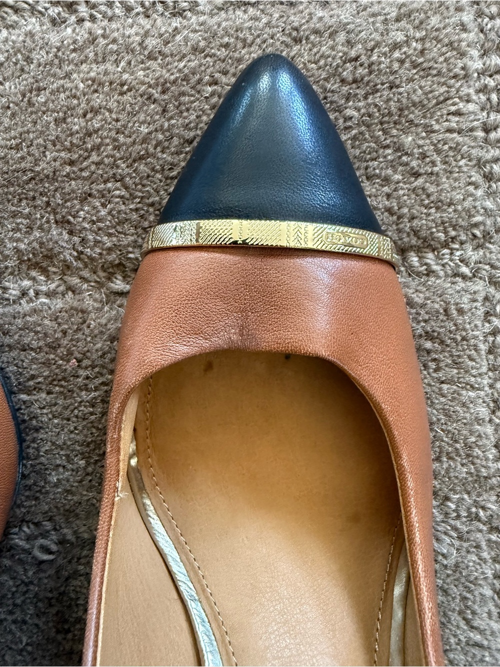 Coach Brown Leather Pumps with Black Cap Toe and Gold Accent - Picture 7 of 8